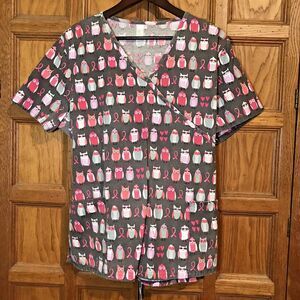 Just Be Scrub Top size XL Gray Pink Owls V-Neck  Tie Back Short Sleeve Pockets